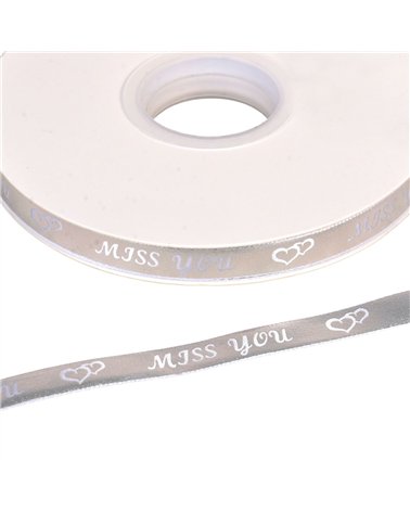 Bobine 45m ruban à message "miss you" 10mm argent