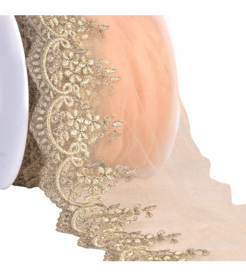 Ricami metallici su tulle oro 120 mm al metro