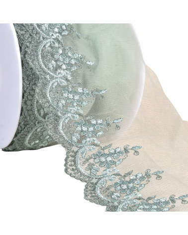 Ricamo metallico su tulle blu lavanda da 120 mm al metro