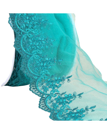 Metallic embroidery on 120mm duck blue tulle by the meter