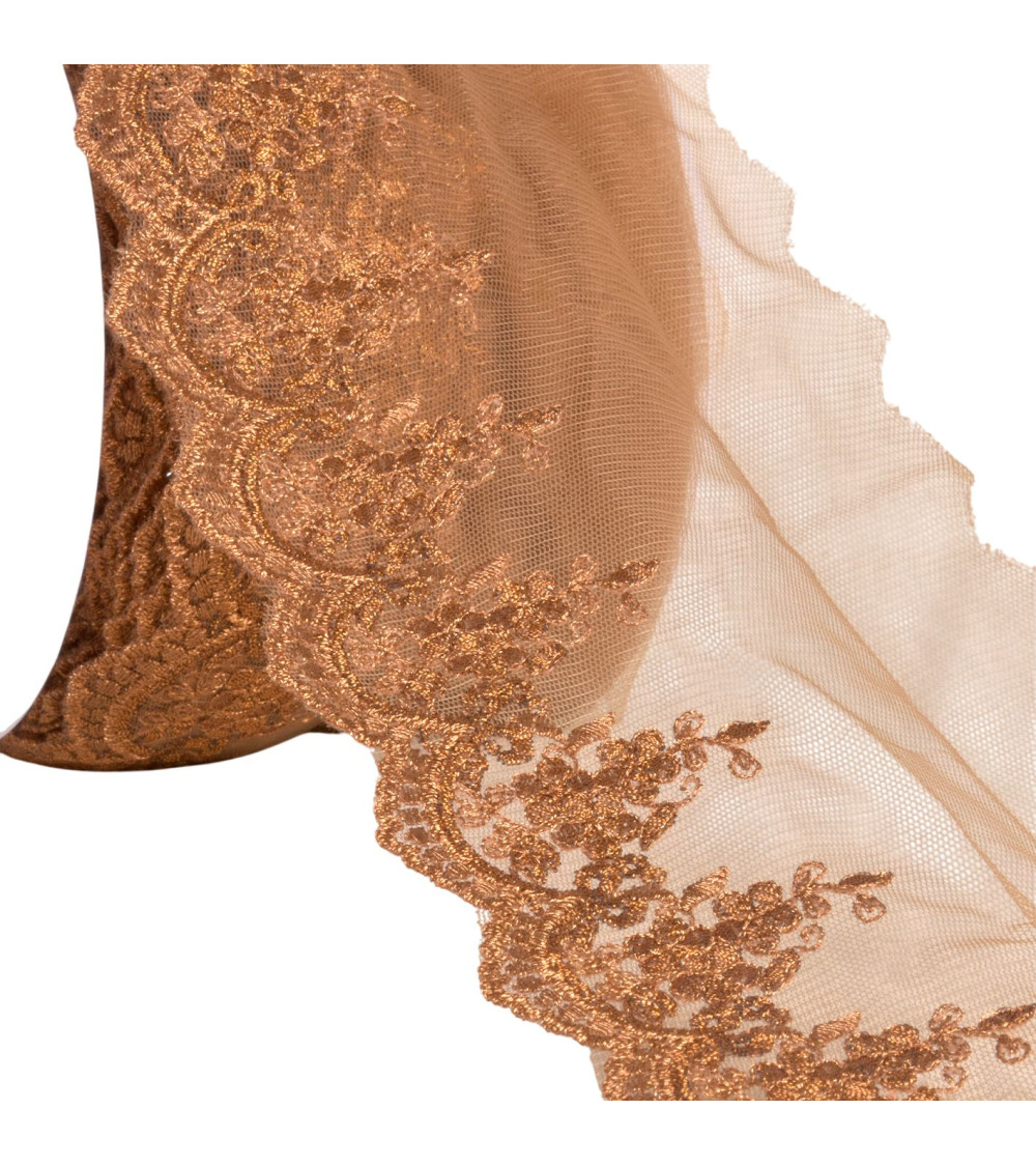 Ricamo metallico su tulle ruggine 120mm al metro