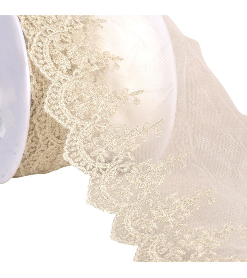 Metallic embroidery on 120mm ecru tulle by the meter