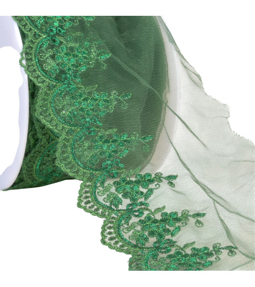 Ricami metallici su tulle verde kaki da 120 mm al metro