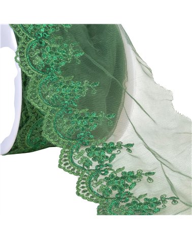 Broderie métallique sur tulle 120mm vert kaki au mètre