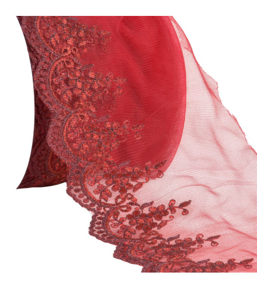 Metallic embroidery on 120mm burgundy tulle per meter