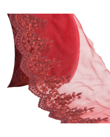 Metallic embroidery on 120mm burgundy tulle per meter