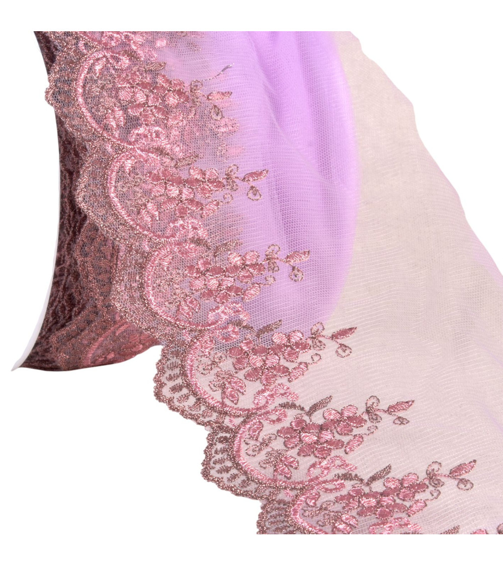 Metallic embroidery on tulle 120mm old pink per meter