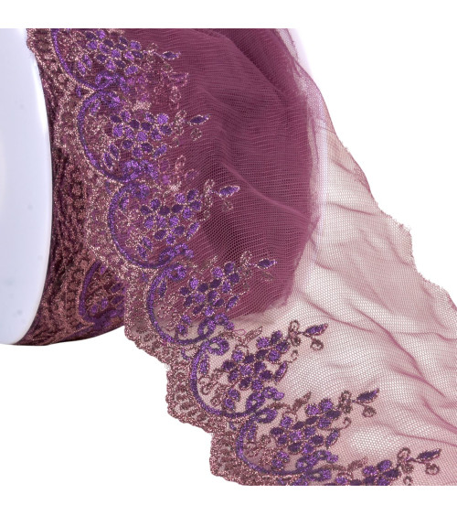 Ricamo metallico su tulle viola da 120 mm al metro