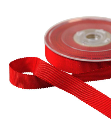 Bobina Petersham de 25m con hilos metálicos rojos.