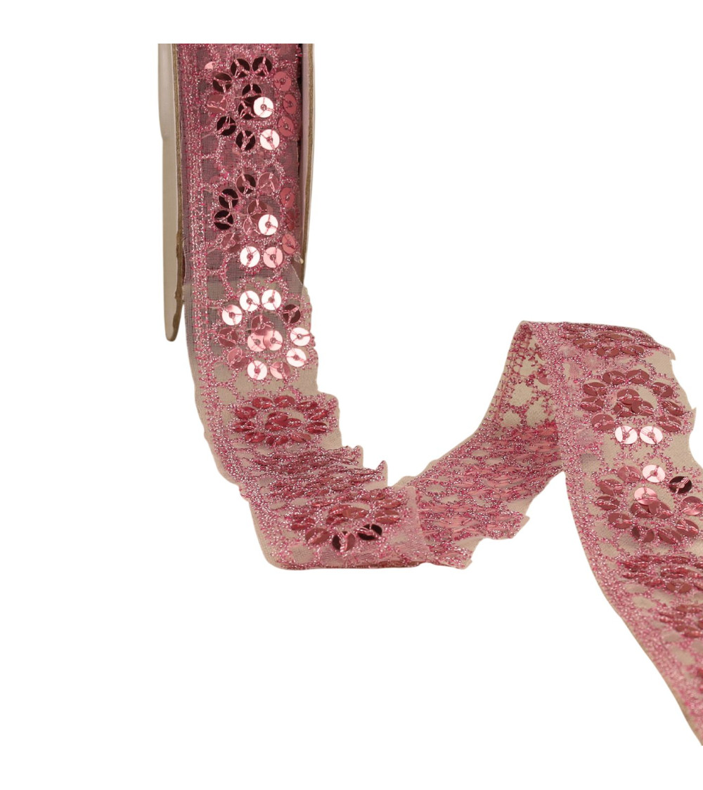 Pizzo con paillettes rosa antico 30 mm al metro