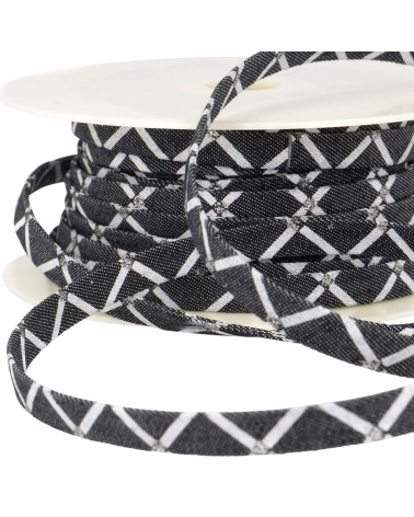 Bobina da 25m effetto jeans pizzo 10mm nero geometrico