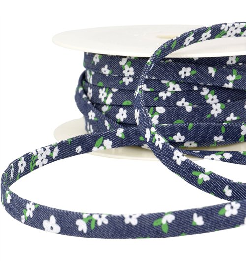 Bobine 25m lacette effet jeans 10mm marine fleurs