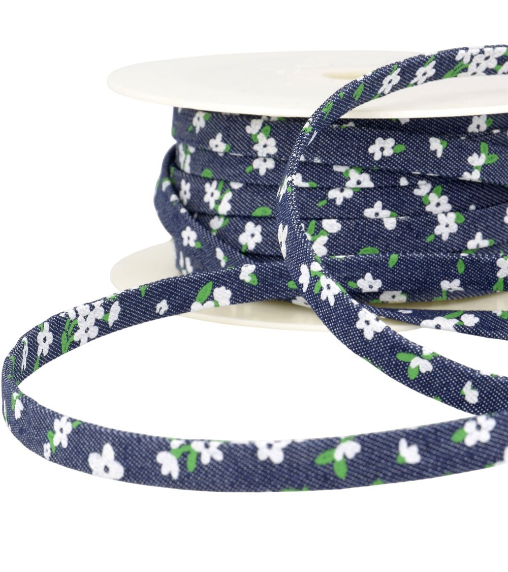 Bobine 25m lacette effet jeans 10mm marine fleurs