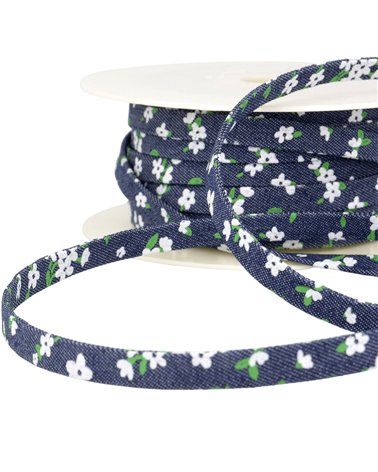 Bobine 25m lacette effet jeans 10mm marine fleurs