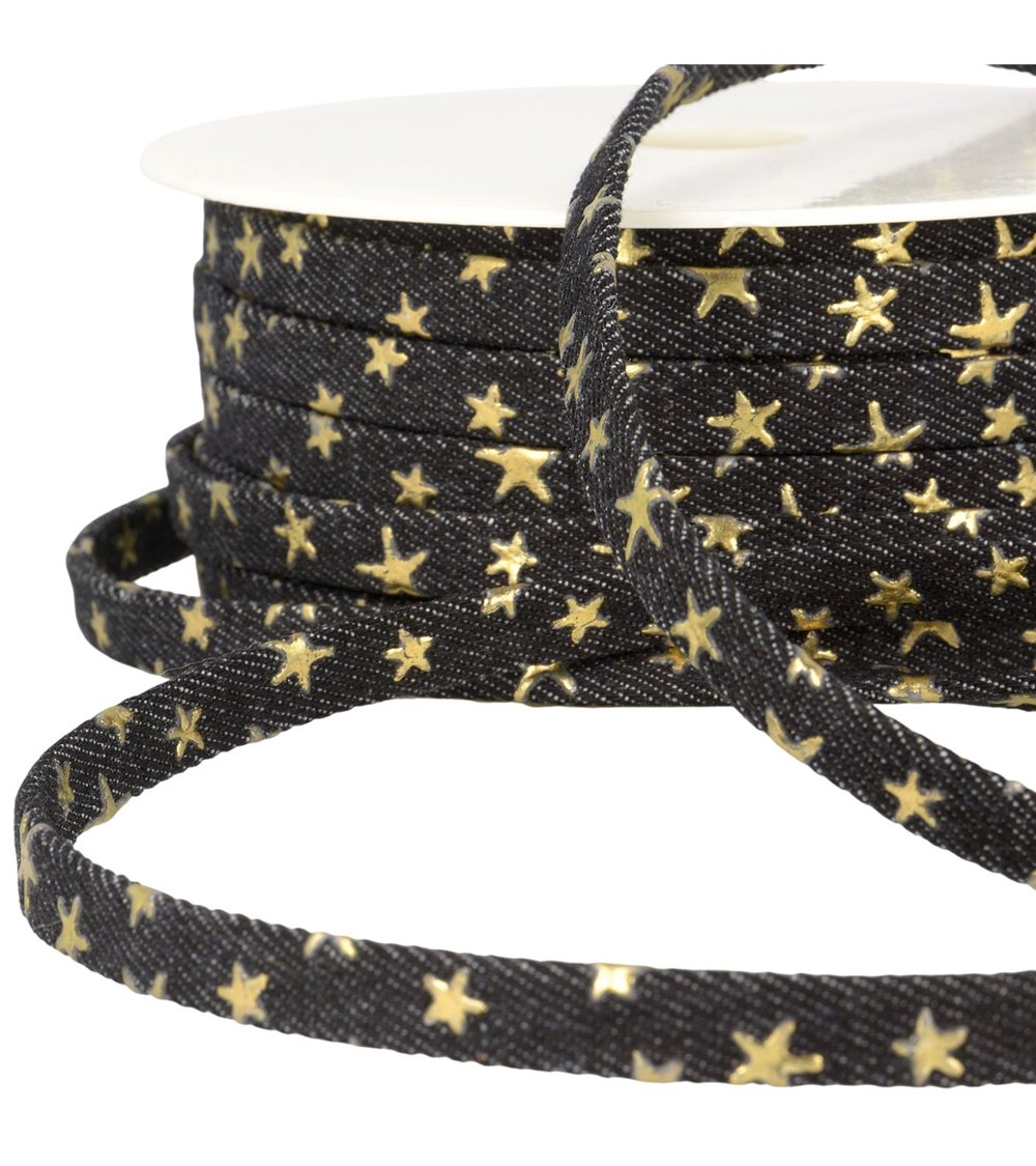 Lacet effet jeans 10mm noir étoiles au mètre