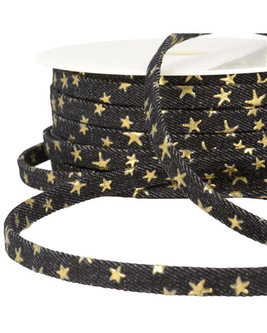 Lacet effet jeans 10mm noir étoiles au mètre