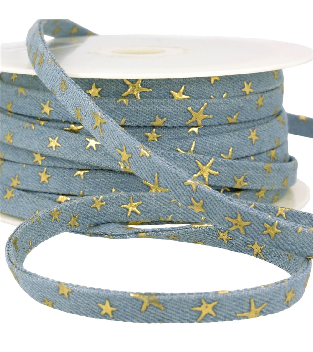 Lacet effet jeans 10mm bleu étoiles au mètre
