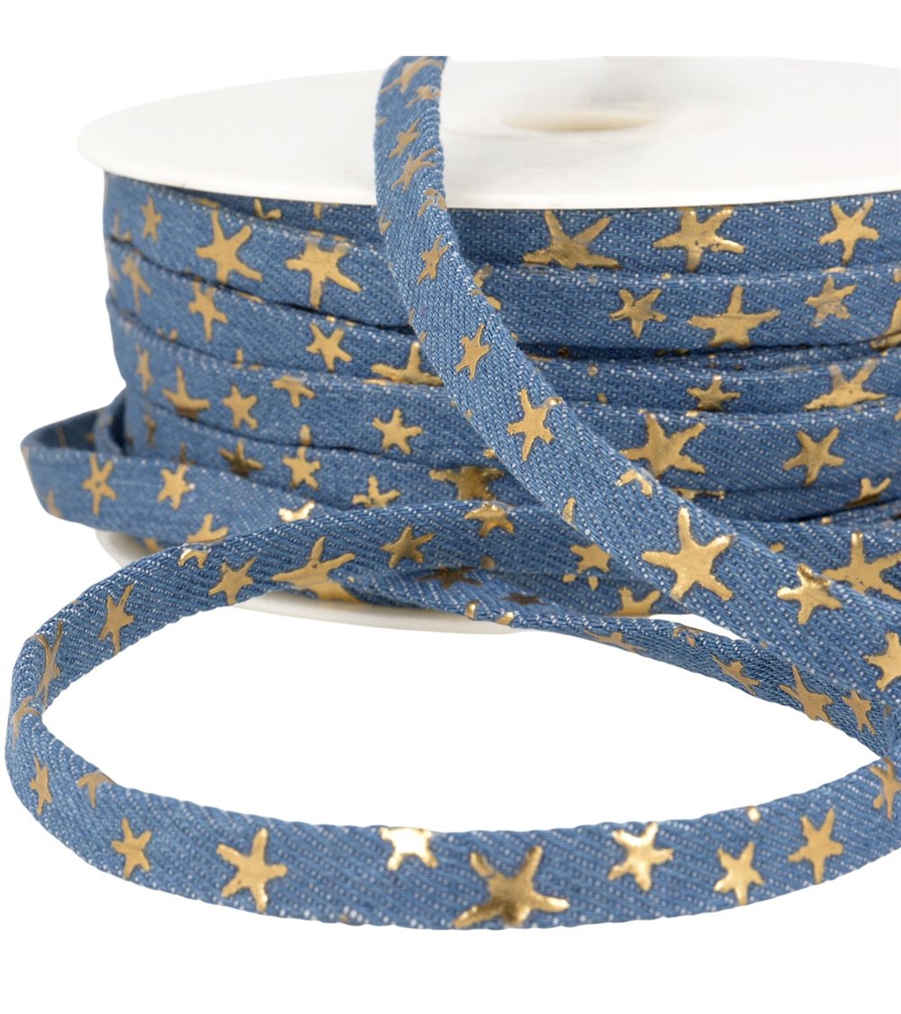 Lacet effet jeans 10mm bleu étoiles au mètre