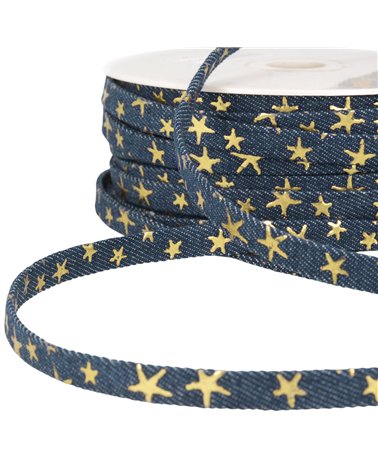 Lacet effet jeans 10mm marine étoiles au mètre