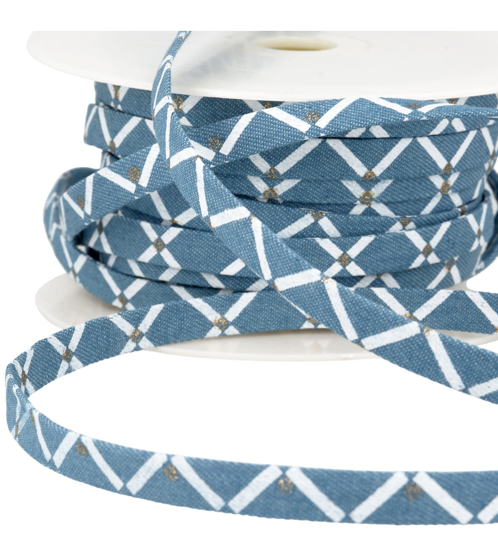 Pizzo effetto jeans 10 mm blu/geometrico al metro