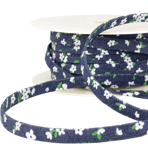 Pizzo effetto jeans fiori blu navy da 10 mm al metro