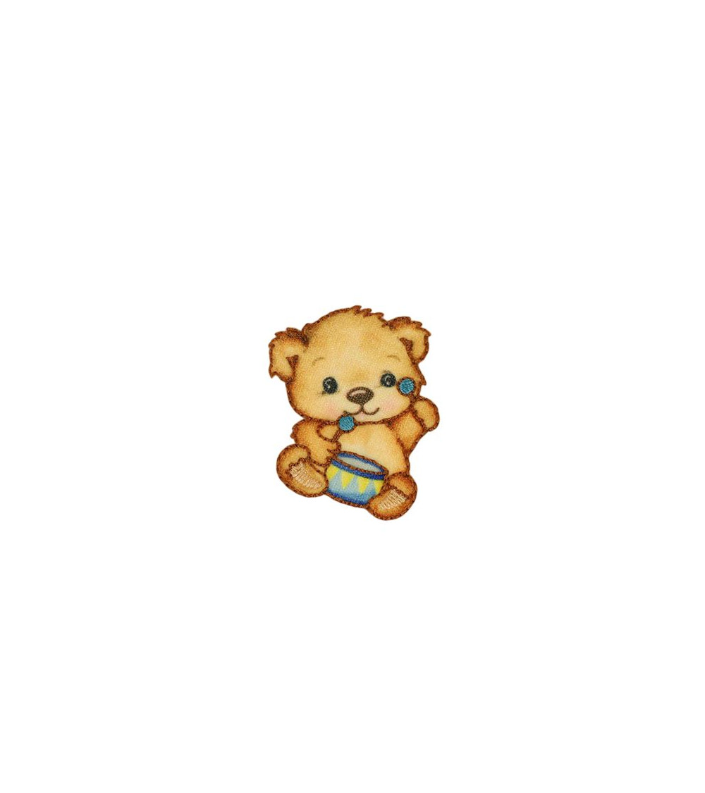 Little bear iron-on patch 3.8cm x 4.2cm blue drum