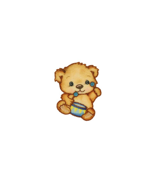 Set of 3 iron-on patches small bear 3.8cm x4.2cm blue drum