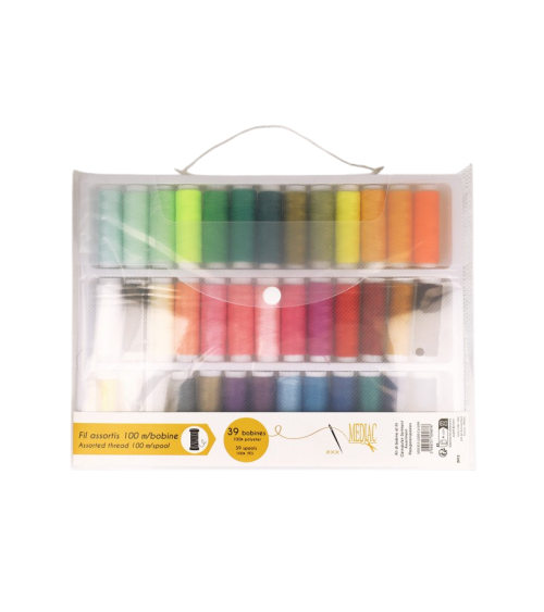 Malette de 39 bobines de fils 100m assortis 100% polyester