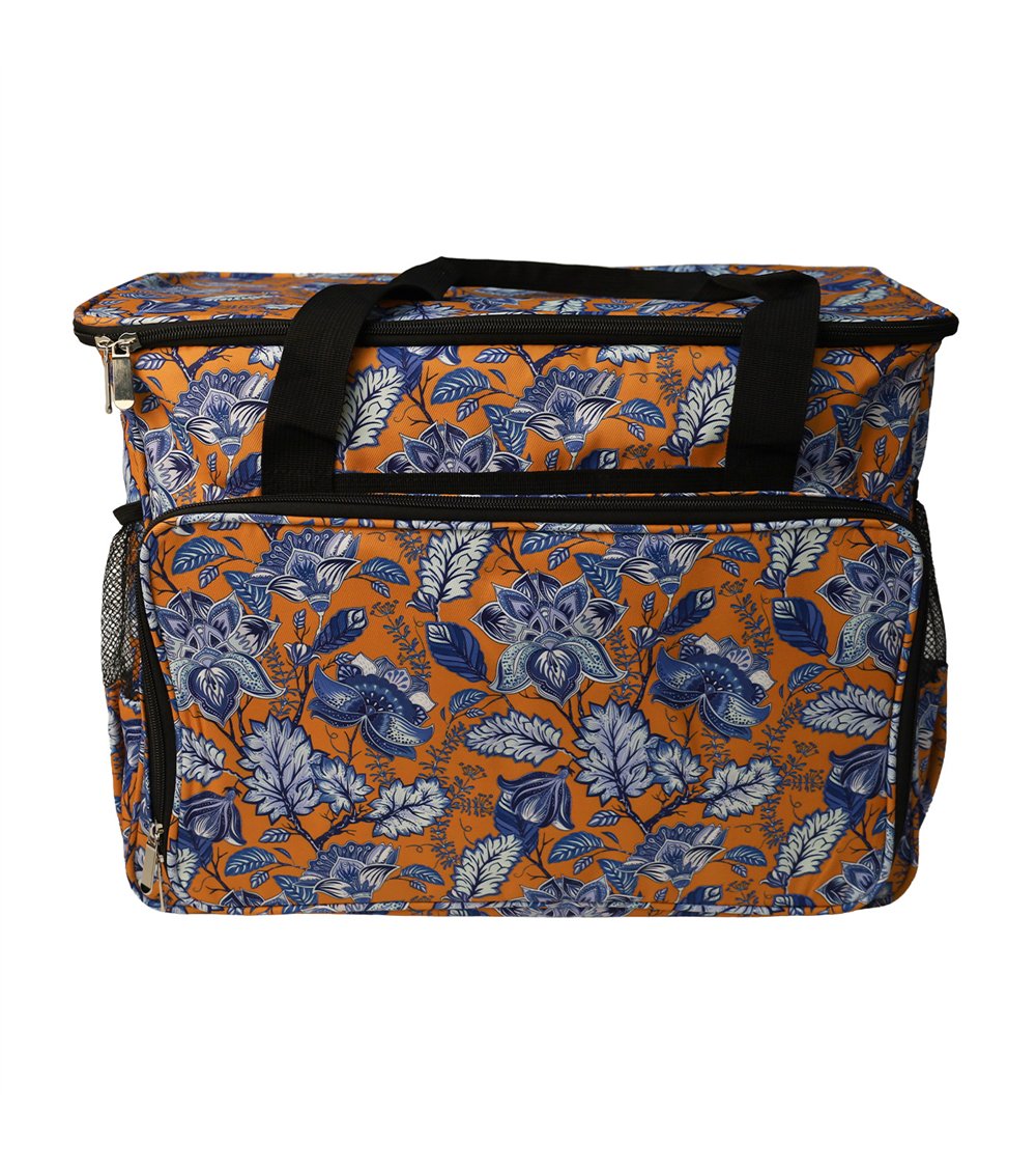 Borsa per macchina da cucire/tagliacuci 40x24x35cm fiori blu fondo arancio