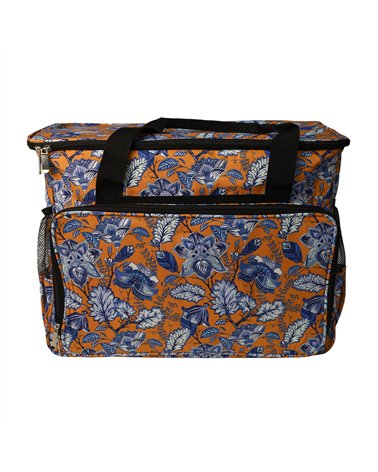 Sac pour machine à coudre/surjeteuse 40x24x35cm fleurs bleues fond orange