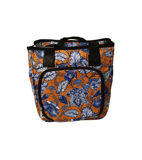Sac tricot 23x26x14cm fleurs bleues fond orange