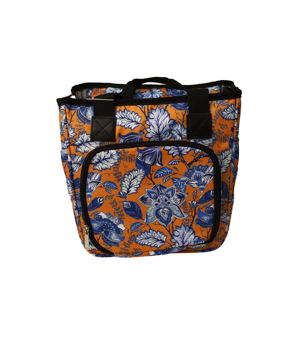Borsa in maglia 23x26x14cm fiori blu fondo arancione