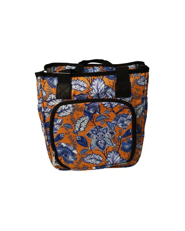 Gestrickte Tasche 23x26x14cm blaue Blumen orange Hintergrund