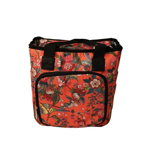 Knitted bag 23x26x14cm red flowers coral background