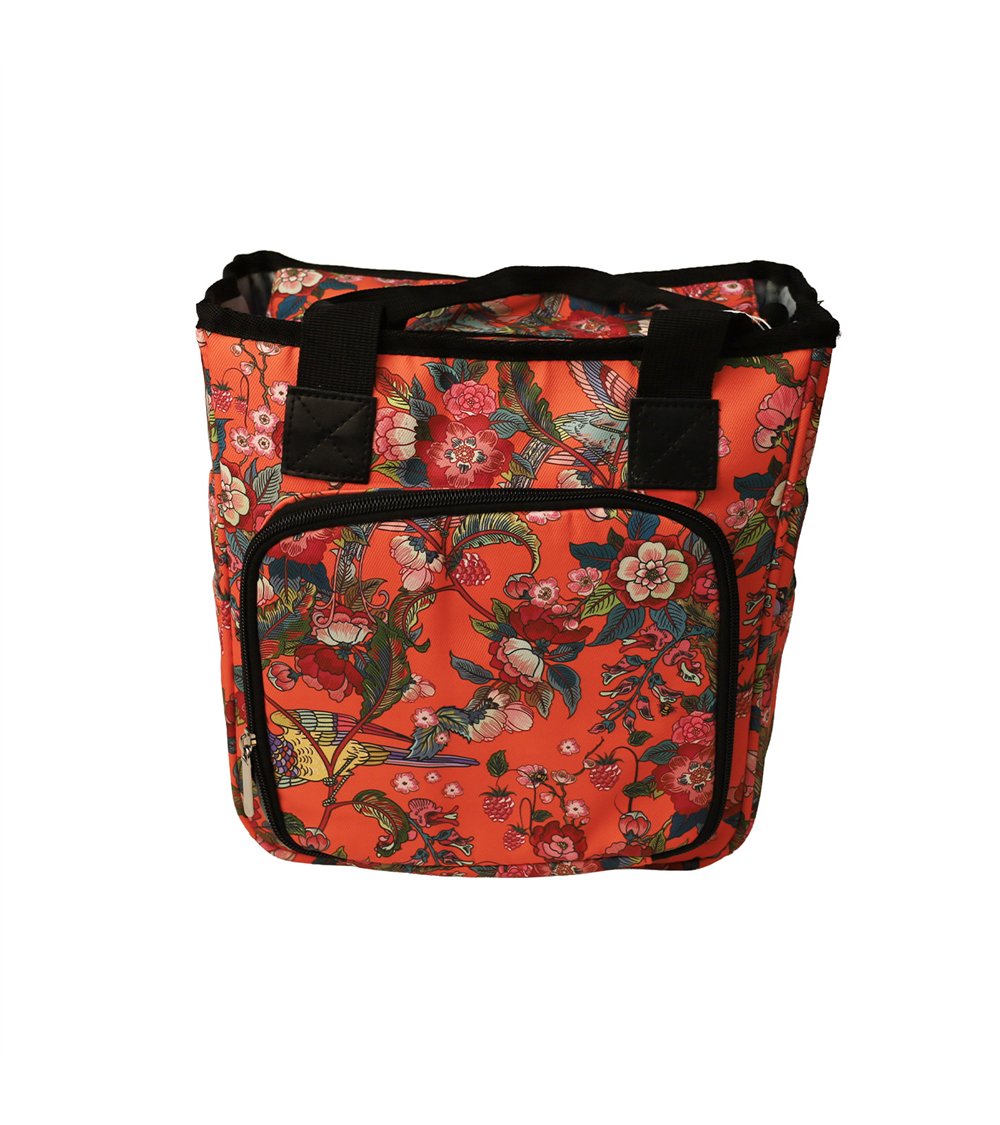 Knitted bag 23x26x14cm red flowers coral background