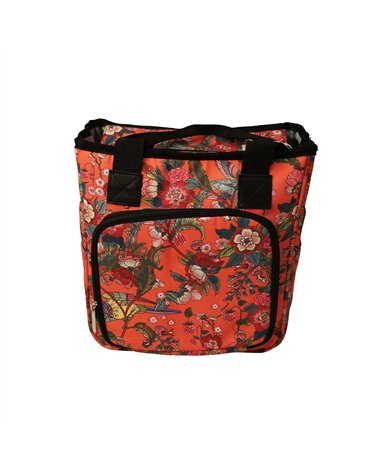 Sac tricot 23x26x14cm fleurs rouges fond corail