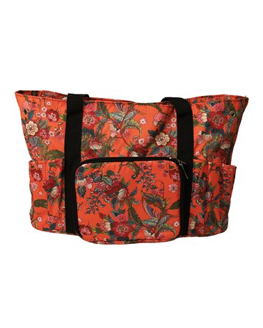 Sac pour pelote 40x28x17cm fleurs rouges fond corail