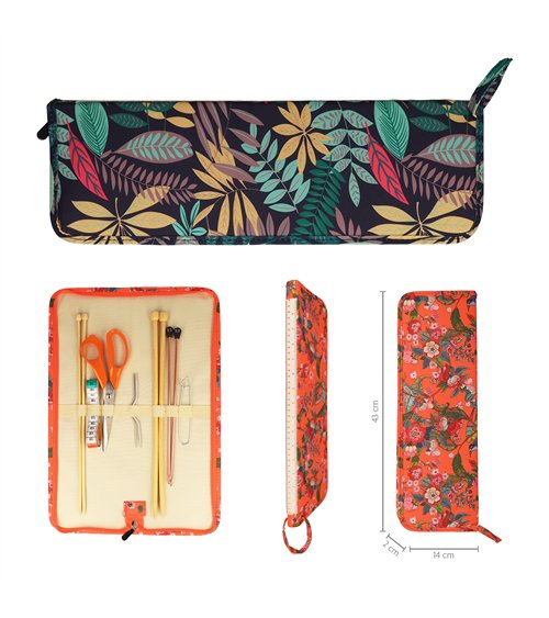 Knitting needle pouch 43x14x2cm jungle green leaves