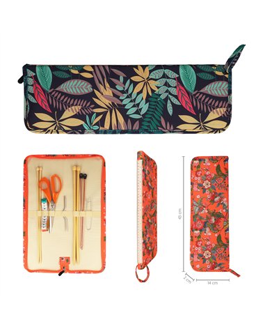 Pochette aiguilles à tricoter 43x14x2cm feuilles vertes jungle