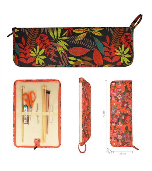 Bolsa para agujas de tejer 43x14x2cm hojas rojas selva