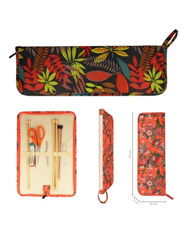 Bolsa para agujas de tejer 43x14x2cm hojas rojas selva