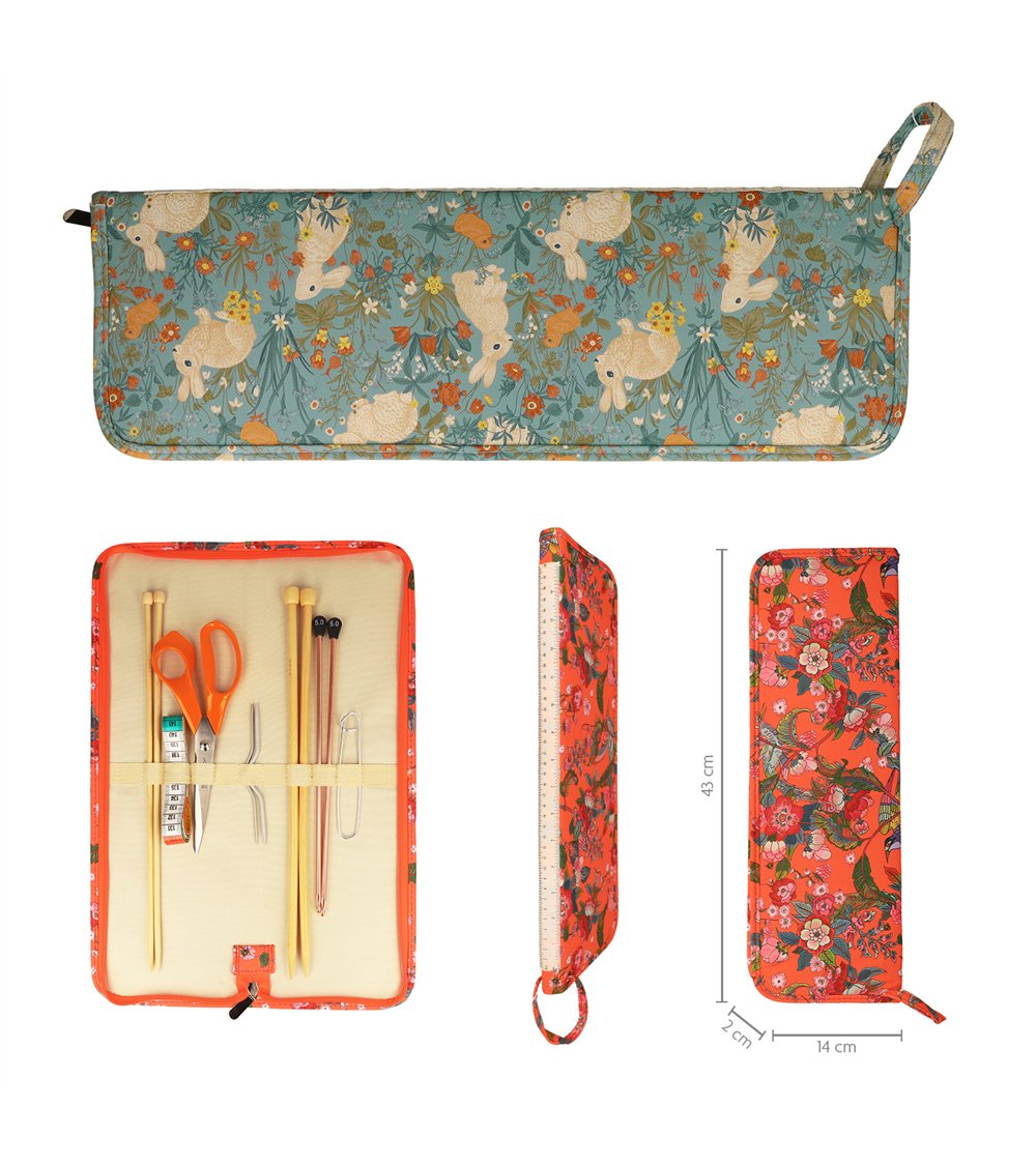 Pochette aiguilles à tricoter 43x14x2cm lapins fleurs des champs