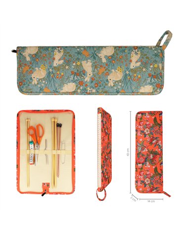 Pochette aiguilles à tricoter 43x14x2cm lapins fleurs des champs