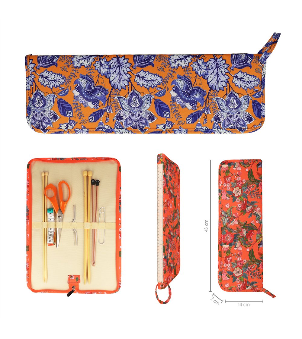 Bolsa para agujas de tejer 43x14x2cm flores azules fondo naranja