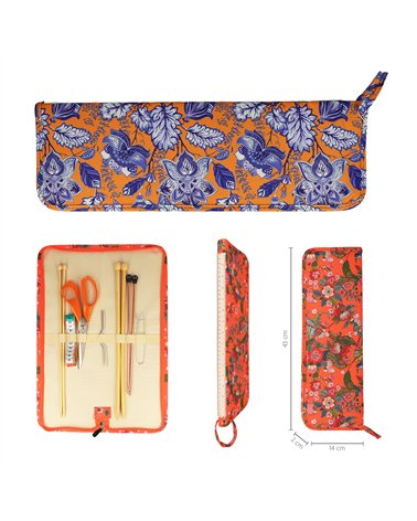 Pochette aiguilles à tricoter 43x14x2cm fleurs bleues fond orange