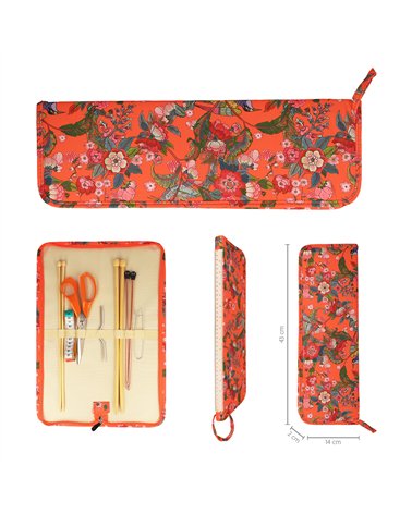 Knitting needles pouch 43x14x2cm red flowers coral background