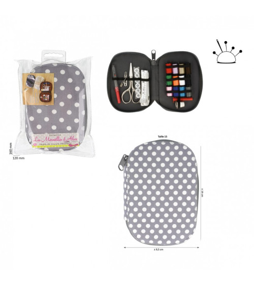 Sewing bag 16x12cm multi-colored polka dots gray background
