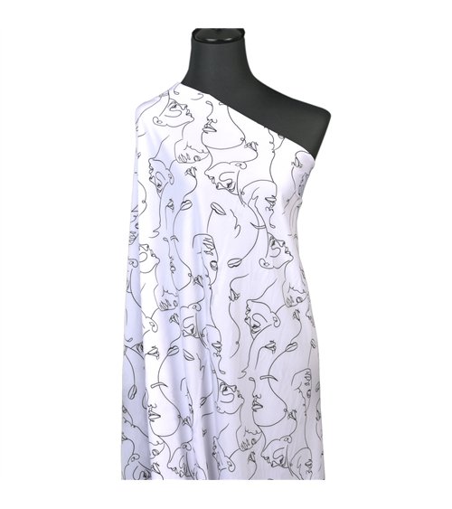 Tissu super soft stretch imprimé visage noir sur fond blanc 150cm au mètre