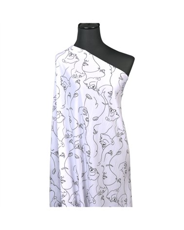 Tissu super soft stretch imprimé visage noir sur fond blanc 150cm au mètre