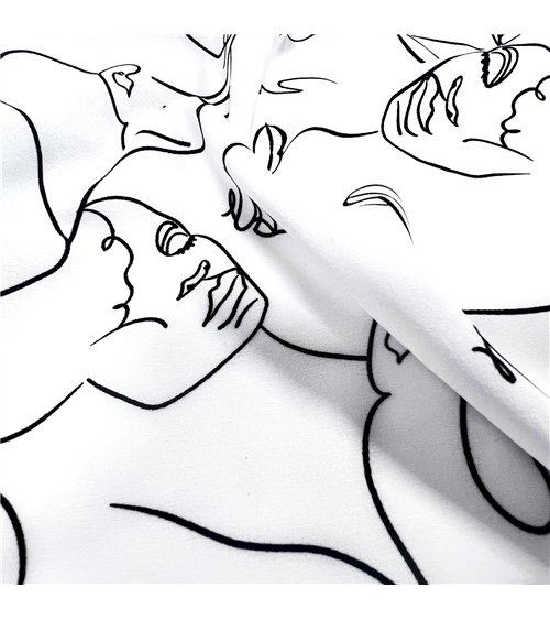 Super soft stretch fabric with black face print on white background 150cm per meter